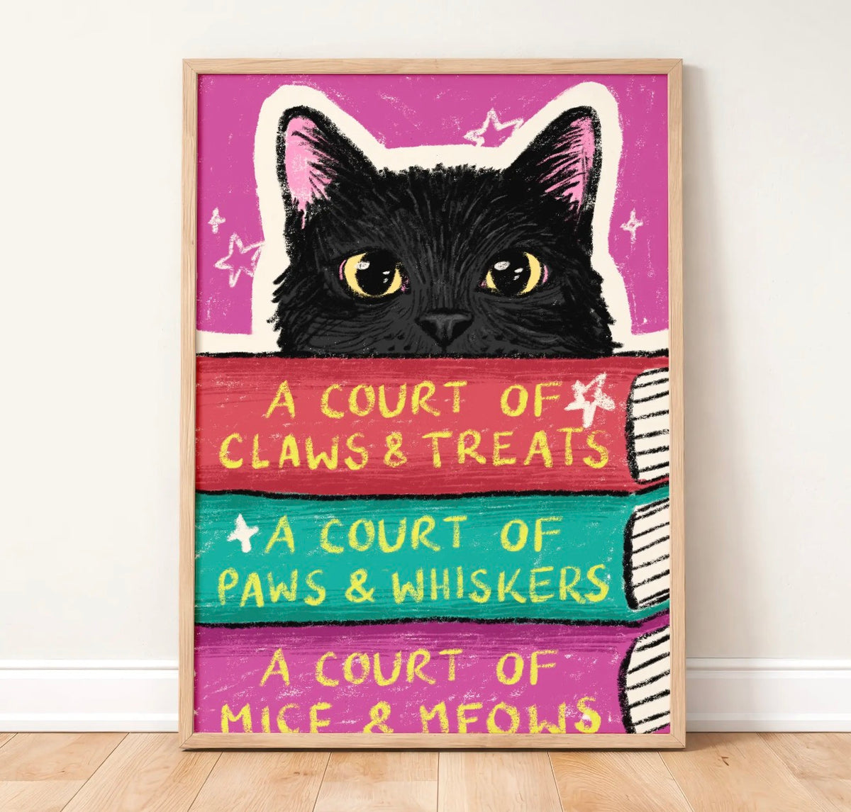 Black cat book stack print